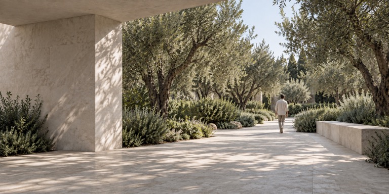A person walking through a quiet courtyard garden.