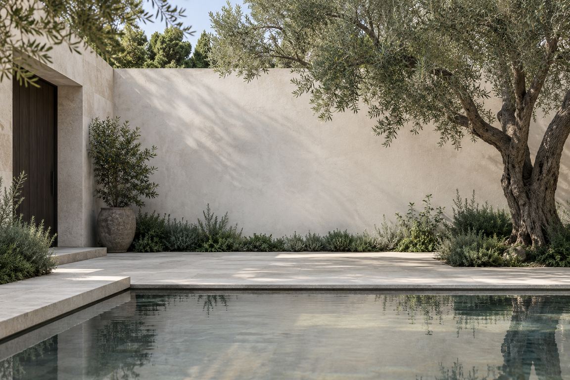 An olive tree beside a reflecting pool in a quiet courtyard.