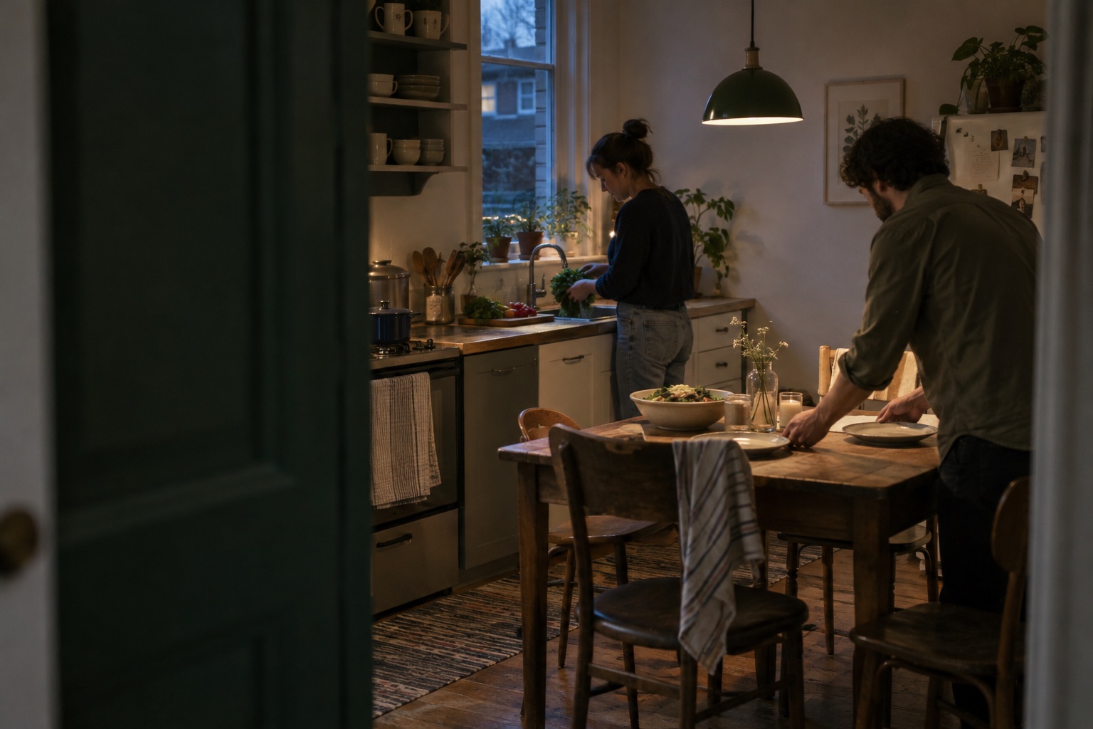 Two people preparing dinner at home.