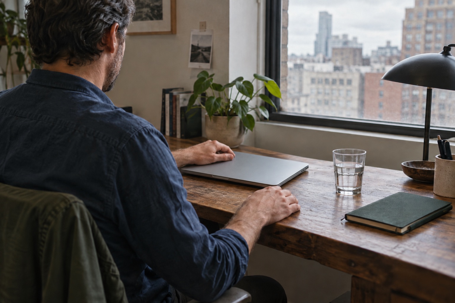 A person finishing work at a desk beside a window.